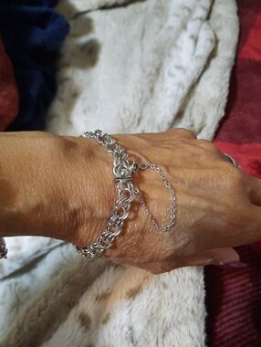 Genuine Solid Sterling Silver Double Loop Charm Bracelet W/Safety Chain Rhodium